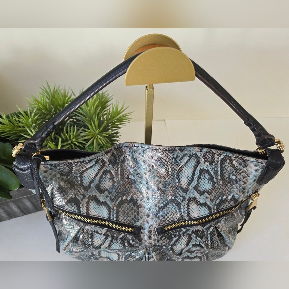 Aimee Kestenberg Snakeskin Embossed Leather Hobo Bag Gray Black Pale Blue - Picture 4 of 16